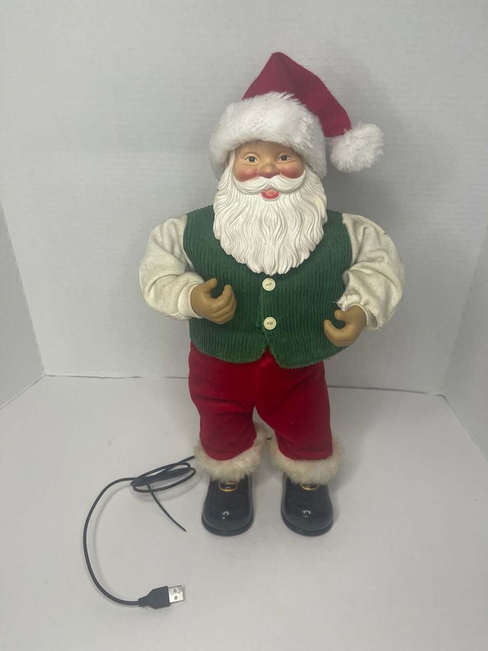 Animated Rock Along Dancing Santa Claus With Green Vest Works Great